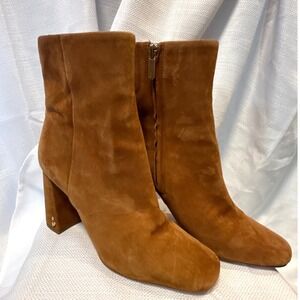Sam Edelman Codie Cognac Brown Suede Square Toe Block Heel Ankle Boots Womens 7M
